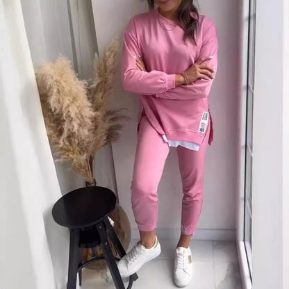 Women's Sports Suit Fashion Slit Design Sweatshirt Top And Slim - fit Trousers Sweatpants Casual Two Piece Set Outfit - WILKYs