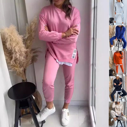 Women's Sports Suit Fashion Slit Design Sweatshirt Top And Slim - fit Trousers Sweatpants Casual Two Piece Set Outfit - WILKYs