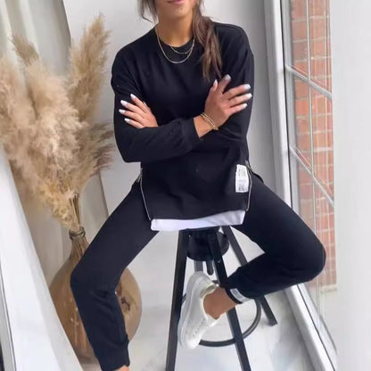 Women's Sports Suit Fashion Slit Design Sweatshirt Top And Slim - fit Trousers Sweatpants Casual Two Piece Set Outfit - WILKYs