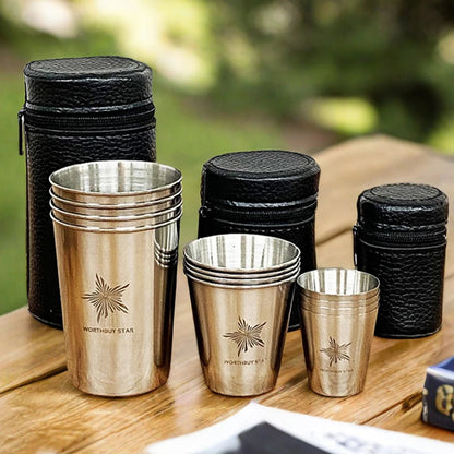 WORTHBUY Outdoor Practical Travel Stainless Steel Cups With Bag Portable Camping Mugs Whisky Wine Glasses Drinking Water Mug - WILKYs