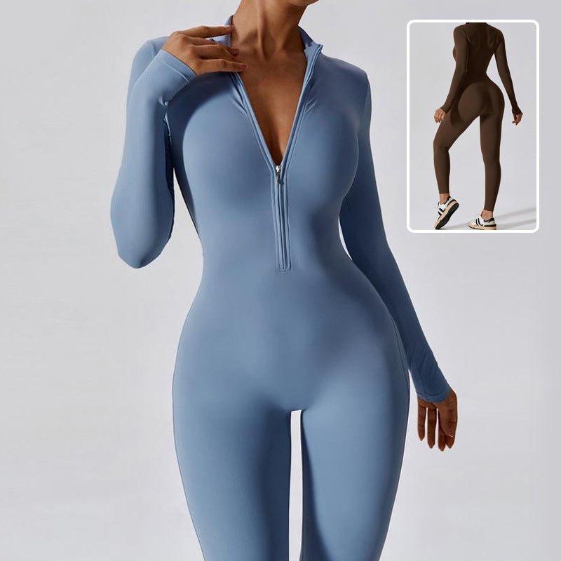 Zipper Long Sleeve Jumpsuit Yoga Fitness Training Pants Tight Hip Seamless Sports Jumpsuit For Women Clothing - WILKYs