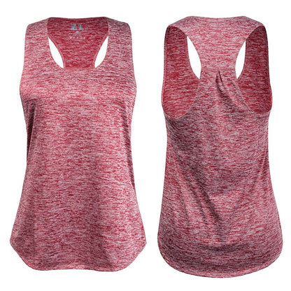 Sleeveless red workout tank top with racerback design.