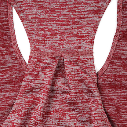 Racerback workout tank top in red heather fabric.