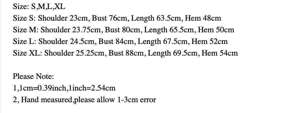 Workout tank top size chart, S to XL, with measurements in centimeters.