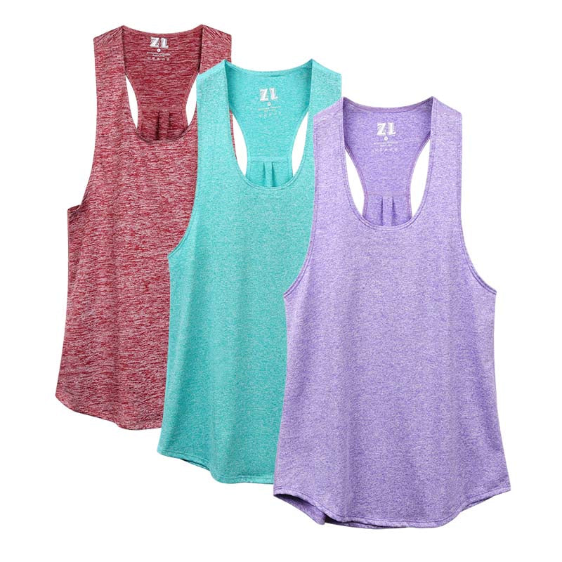 Workout tank top in maroon, teal, and lavender racerback style displayed on white background.