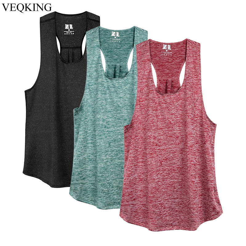 Three racerback-style workout tank tops in dark gray, green, and wine red colors. Made from breathable polyester fabric, featuring a front logo.