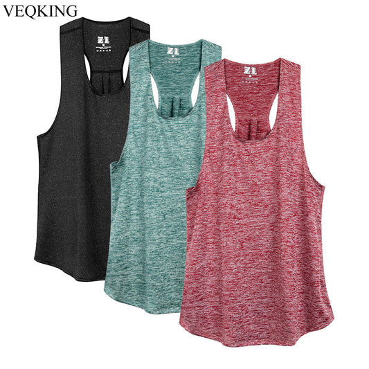 Three racerback-style workout tank tops in dark gray, green, and wine red colors. Made from breathable polyester fabric, featuring a front logo.