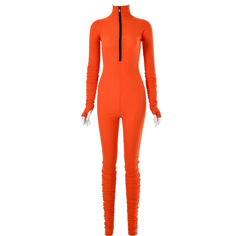 Turtleneck gloved sleeve jumpsuit leggings in orange.