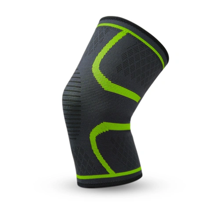 Black and green fitness compression knee pad for support during workouts.