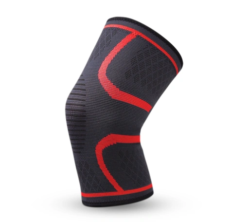 Black and red fitness compression knee pad made of high-quality elastic nylon.