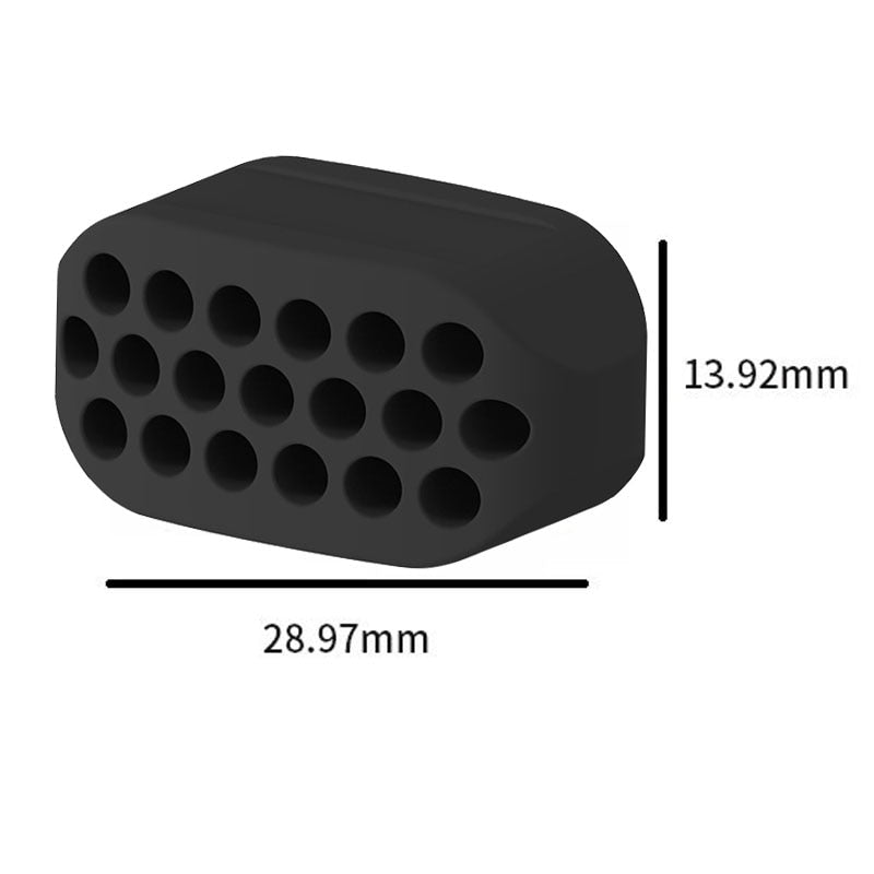 Black silicone facial muscle exerciser with hole design, dimensions displayed.