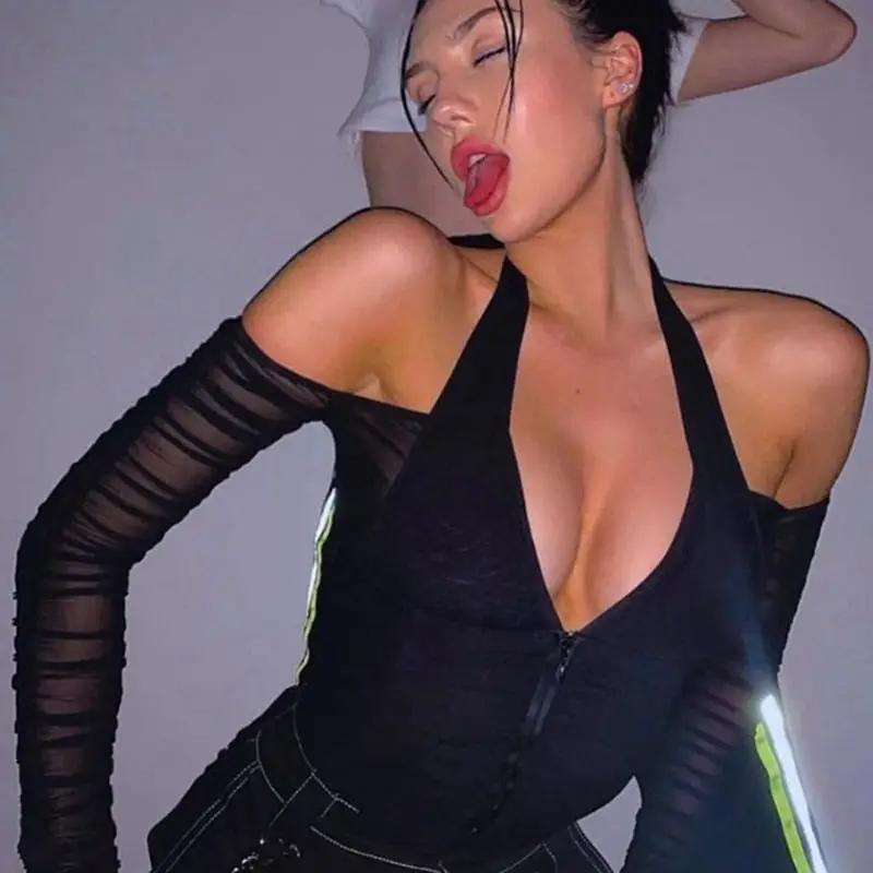 Halter T-shirt Mesh Long Sleeve - WILKYs