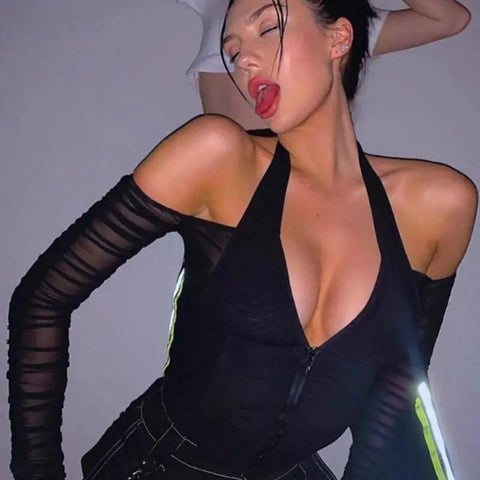 Halter T-shirt Mesh Long Sleeve - WILKYs