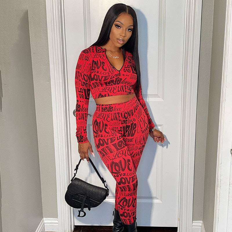 Letter Print Tracksuit Two Piece Set Sweatsuit - WILKYs