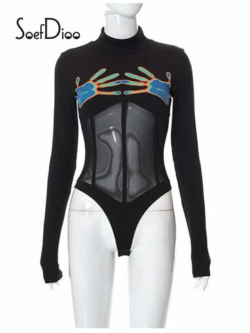 See Through Black Long Sleeve Bodysuit - WILKYs