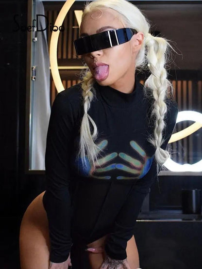 See Through Black Long Sleeve Bodysuit - WILKYs