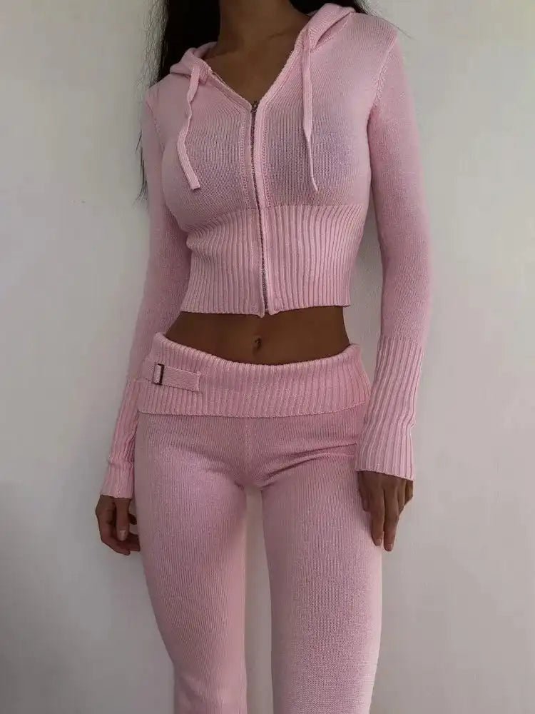 Spring Knitted Women's Two - Piece Set – Sweater Hoodie & Flare Pants - WILKYs