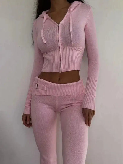 Spring Knitted Women's Two - Piece Set – Sweater Hoodie & Flare Pants - WILKYs