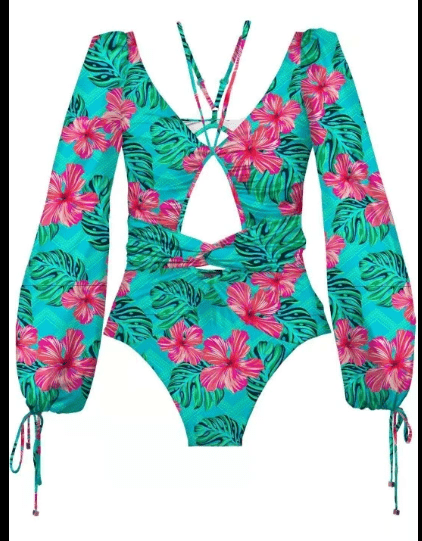 Vintage One Piece Swimsuit Female Long Sleeve Swimwear Women Plus Size Bathing Suit Print Bandage Summer Bathers Monokini - WILKYs